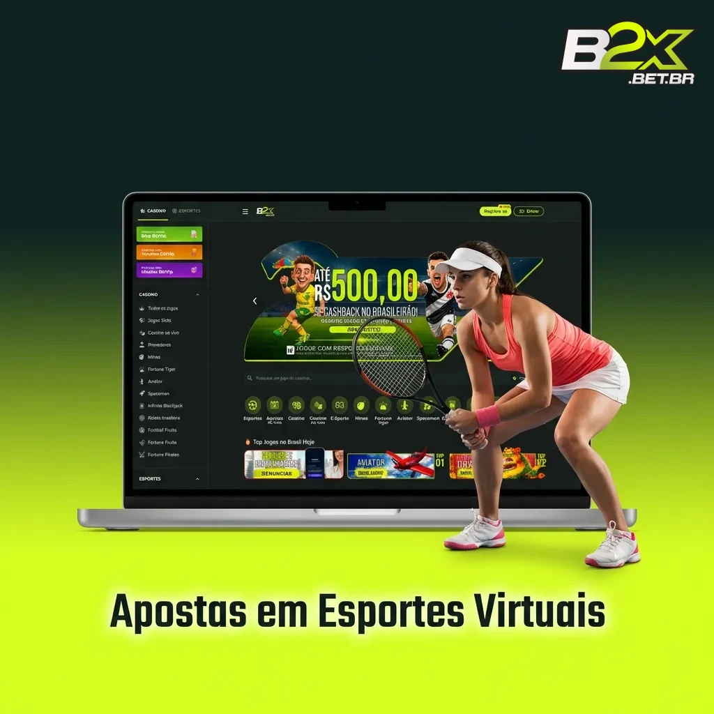 Tela de apostas em esportes virtuais mostrando futebol, corridas de cavalos e eventos simulados disponíveis 24/7.