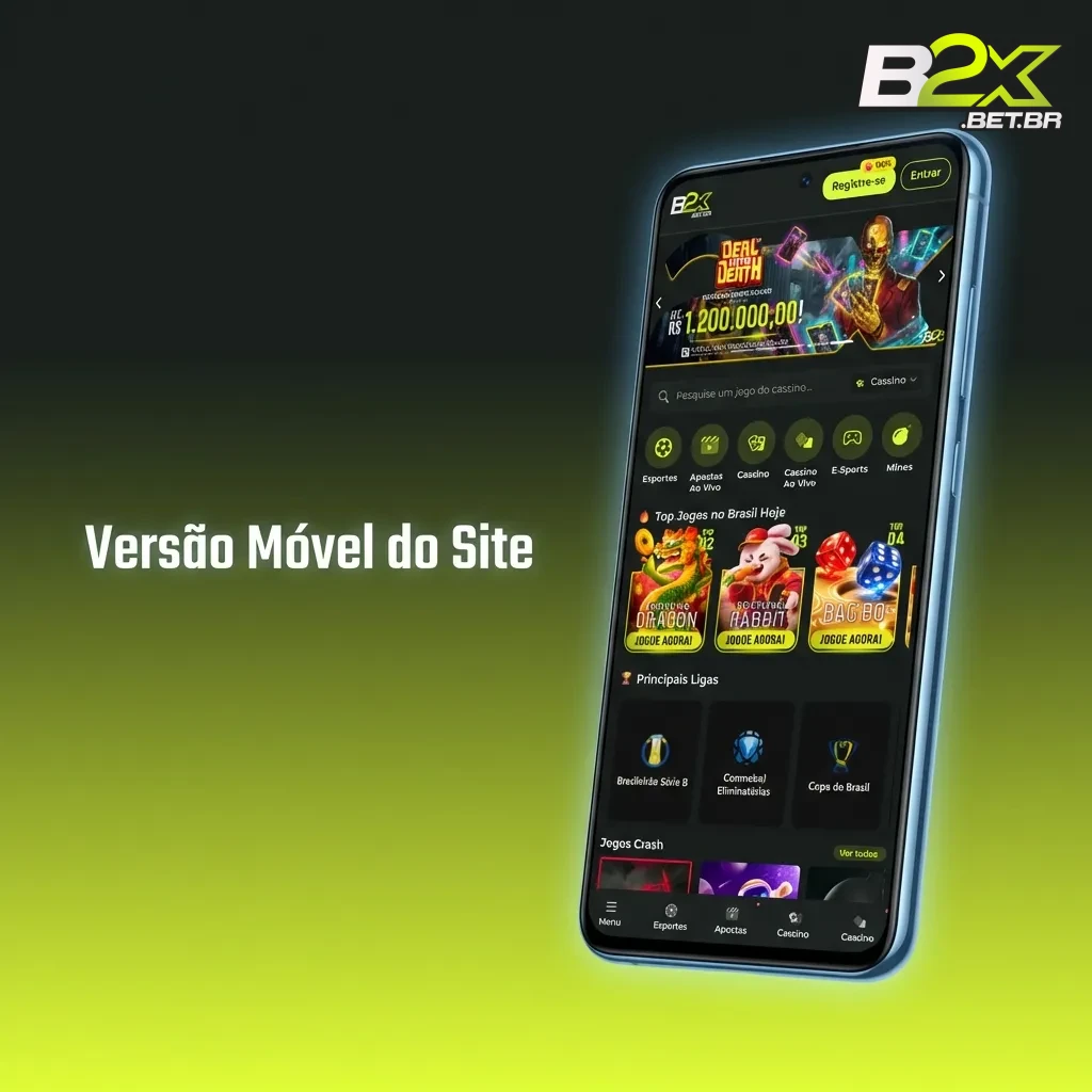 Interface responsiva do site móvel B2xbet mostrando carregamento rápido, navegação intuitiva e recursos de apostas na tela do smartphone.