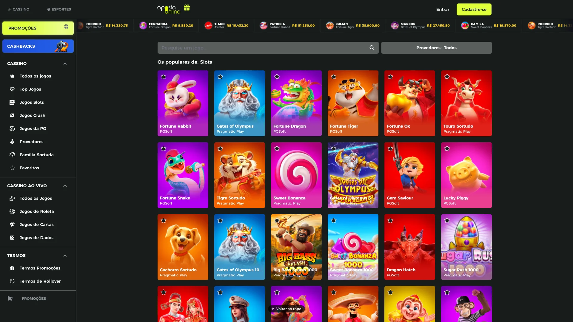 Veja a seção de cassino da B2xbet, com milhares de slots.