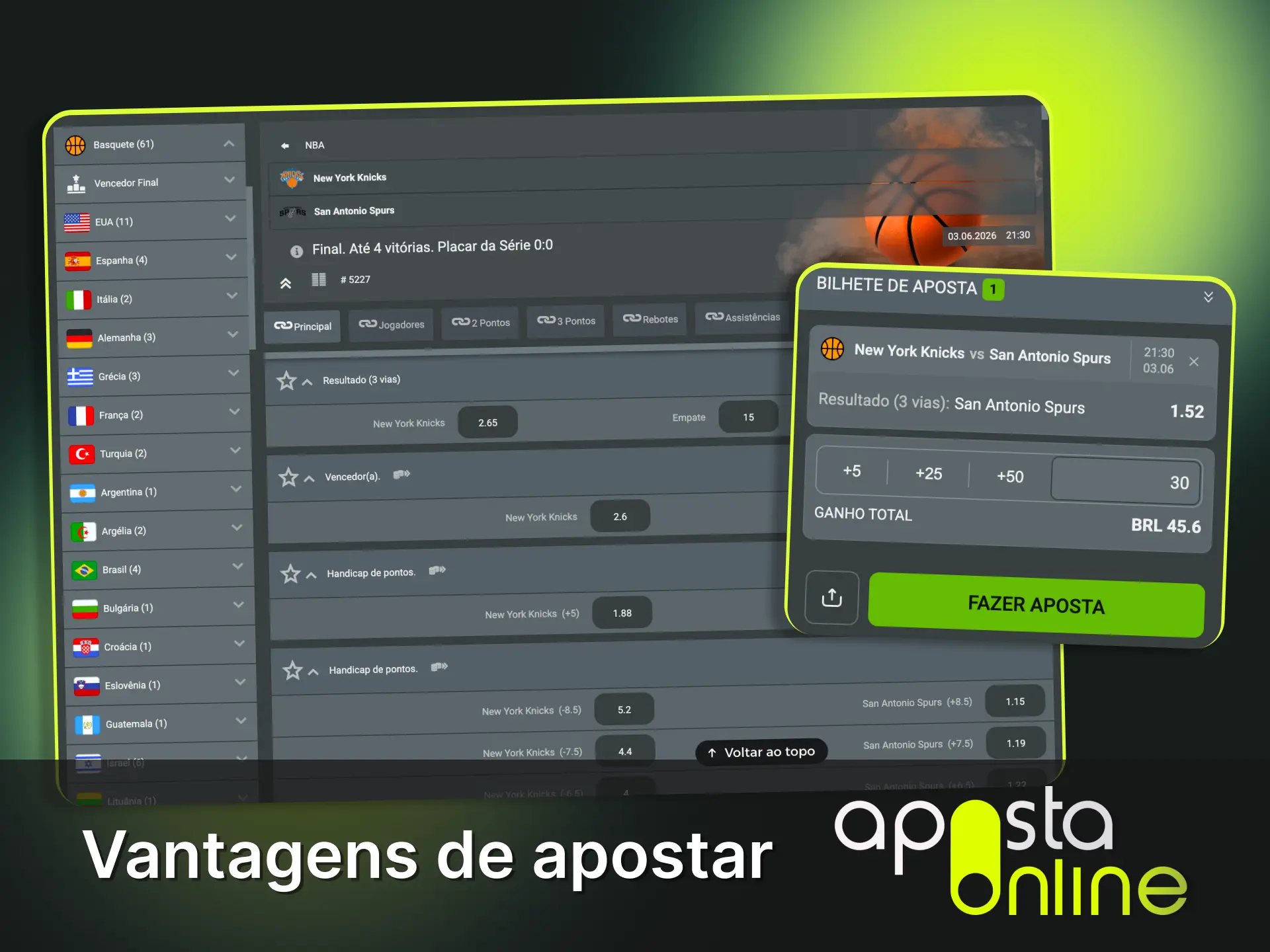 Faça suas apostas de basquete ao vivo no app da Aposta Online.